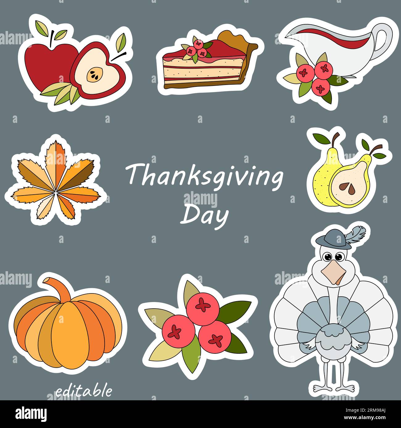 Thanksgiving Day. Set of stickers with pumpkin, fruits, sweet pie and turkey. Social network stickers.Vector illustrations for online communication. Stock Vektor