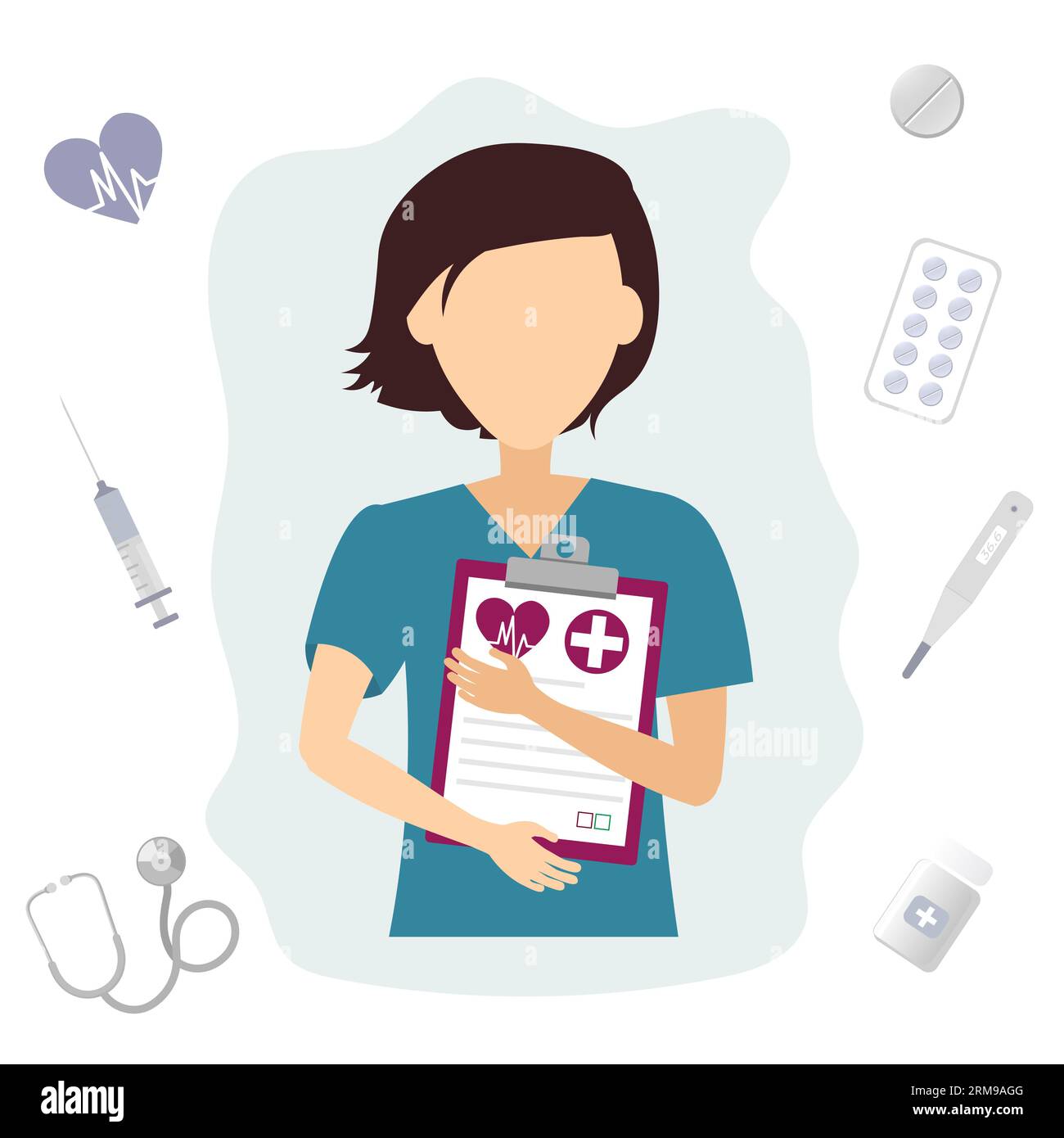Young female doctor holding a tablet on a blue background. General practitioner, nurse. Vector illustration Stock Vektor