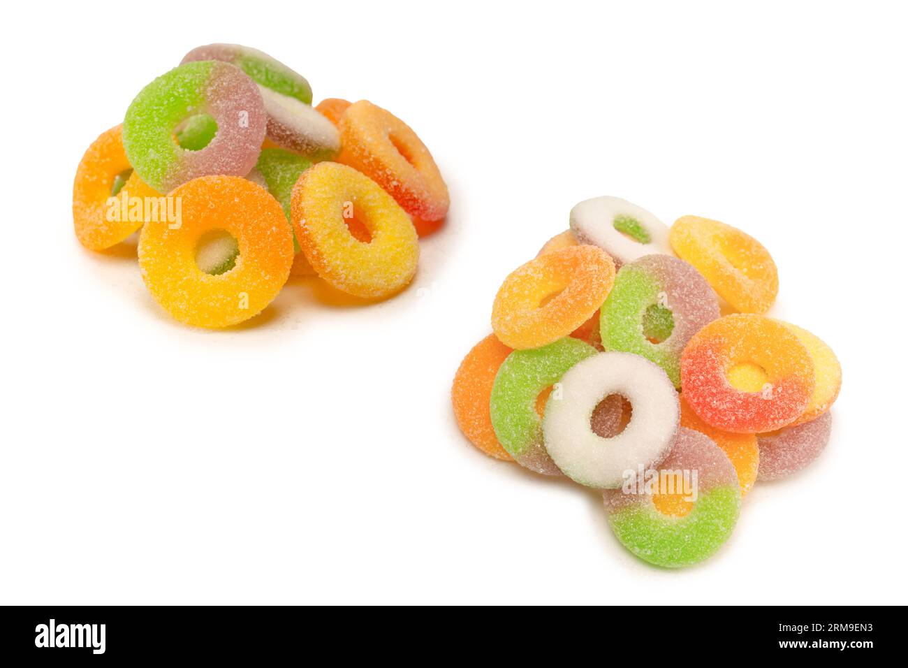 Verschiedene Gummibonbons isoliert auf weißem Hintergrund. Draufsicht. Süßigkeiten. Stockfoto