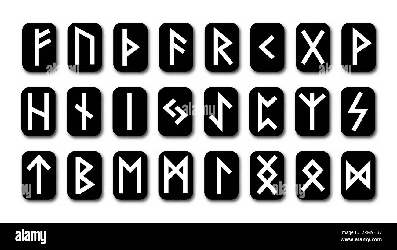 Eine Reihe von skandinavischen Altnordischen Runen. Runenalphabet, Futhark. Antike okkulte Symbole, wikingerbuchstaben auf weiß, Runenschrift. Vektorillustration mit li Stock Vektor