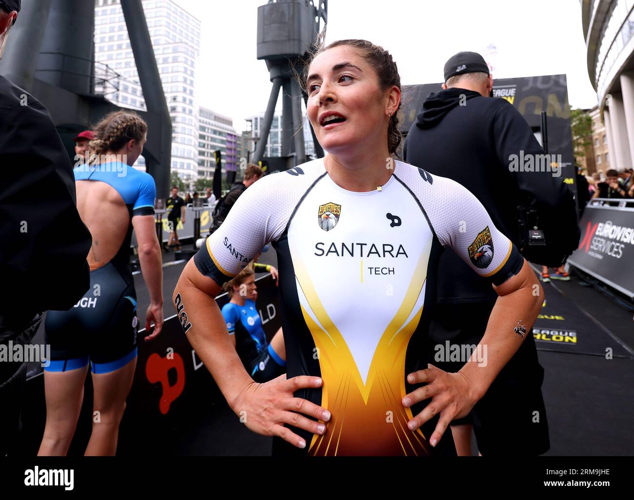 Jeanne Lehair gewann das Women's Race während der Super League Triathlon Championship Series 2023 in London. Bilddatum: Sonntag, 27. August 2023. Stockfoto