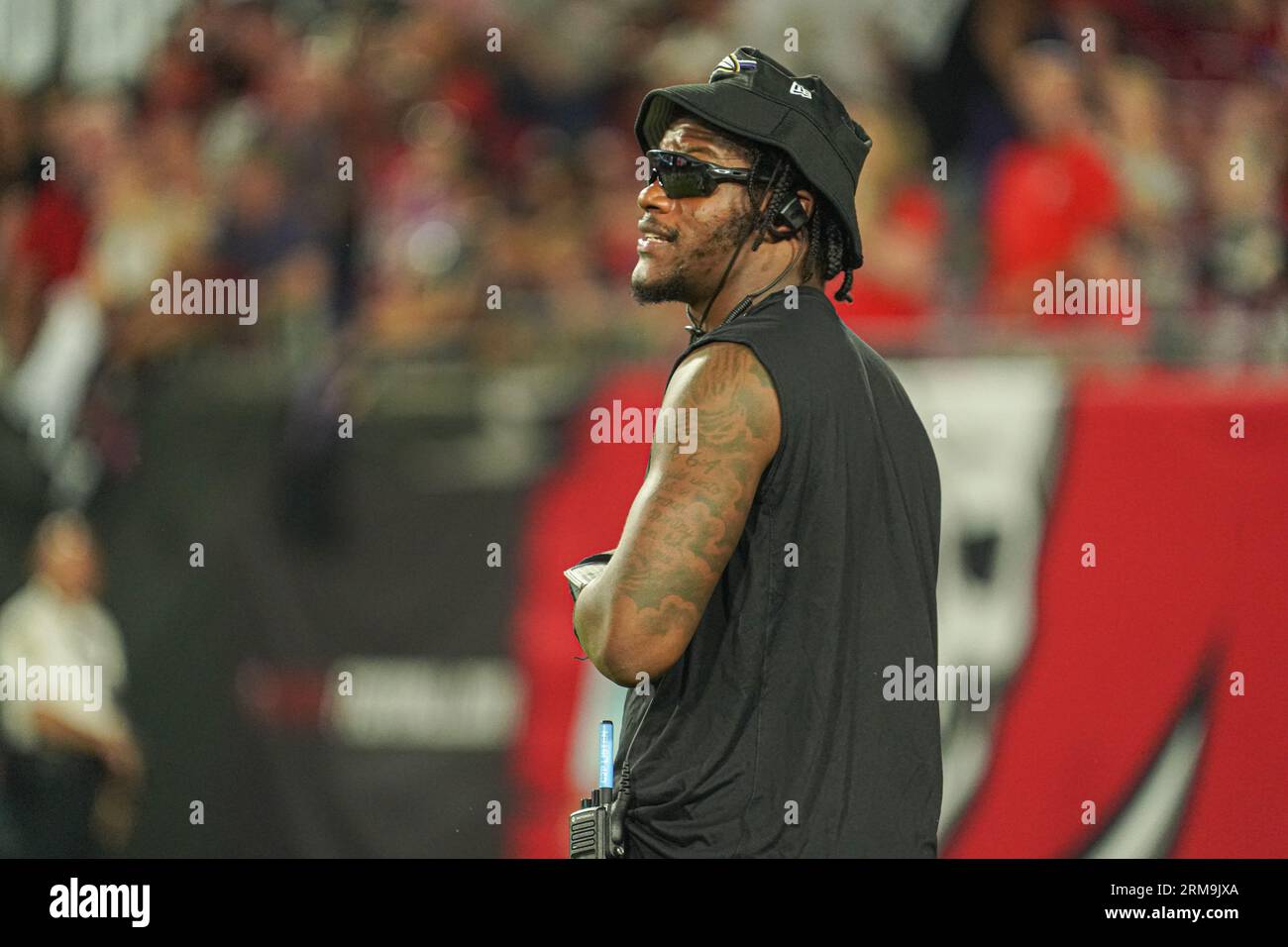 Tampa Bay, Florida, USA, 26. August 2023, Baltimore Ravens Quarterback Lamar Jackson im Raymond James Stadium. (Foto: Marty Jean-Louis/Alamy Live News Stockfoto