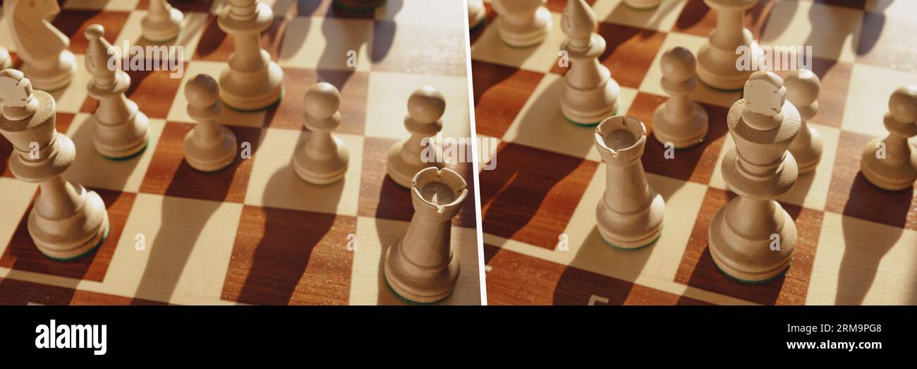 Kurze Burg 0-0 des Schachkönigs und Turm während des Spiels Stockfoto