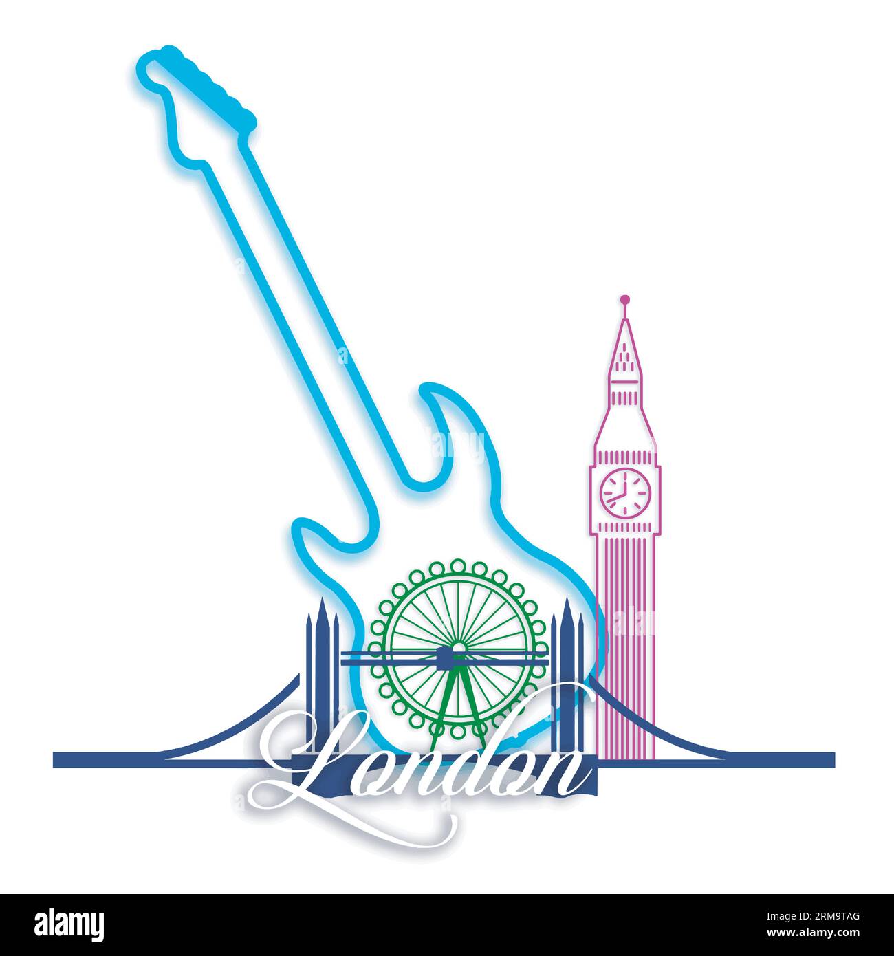London Watercolor Reiseplakat mit Denkmälern und Musik Stock Vektor