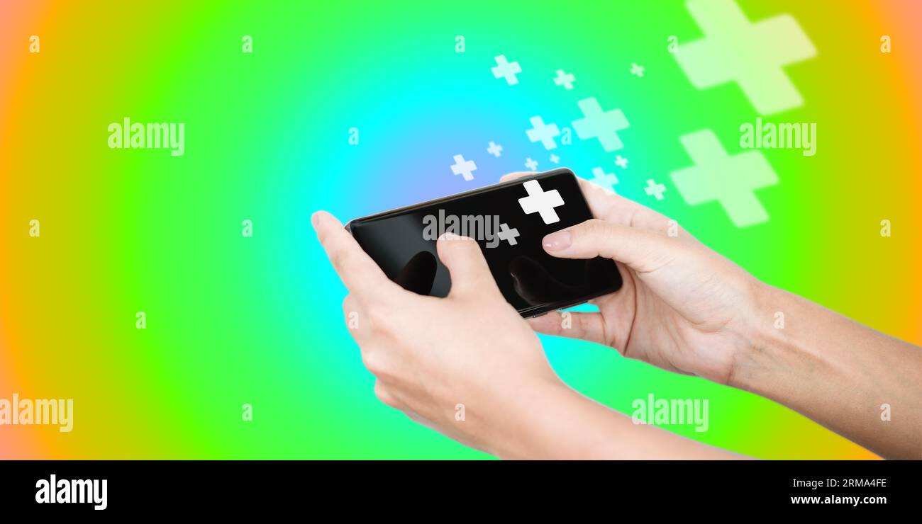 Diagnostik und Online-medizinische Beratung auf Smartphone, Kommunikation mit Patienten im Netzwerk, innovative und medizintechnische. Abstrakte Farbe gr Stockfoto