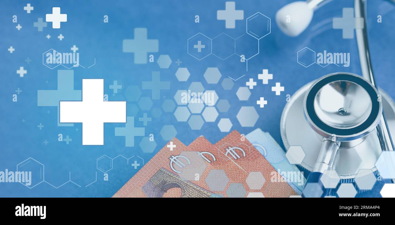 Healthcare-Geschäft und Daten von Medical Money Growth und Stethoscope von Arzt, Investment, Finanz und Versicherung. Stockfoto