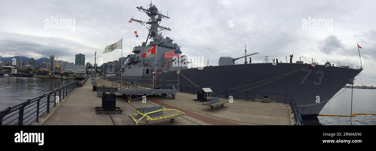 Die USS Decatur ankert an einem Dock in Vancouver, Kanada, 19. Juni 2014. Das Schiff der Vereinigten Staaten (USS) Decatur erreicht den Hafen von Vancouver für einen fünftägigen Besuch. Während des Besuchs dürfen die Bewohner von Vancouver an Bord gehen und eine Tour um das Schiff Unternehmen. Das Schiff wurde am 29. August 1998 in Betrieb genommen und ist eines der 18 US-Marineschiffe, die mit dem Aegis Ballistic Missile Defense System ausgerüstet waren. (Xinhua/Liang Sen)(ctt) CANADA-VANCOUVER-USS DECATUR PUBLICATIONxNOTxINxCHN USS Decatur Anker AN einem Dock in Vancouver Kanada 19. Juni 2014 das US-Schiff USS Decatur erreicht den Hafen von Vancouver für eine fünftägige Visi Stockfoto