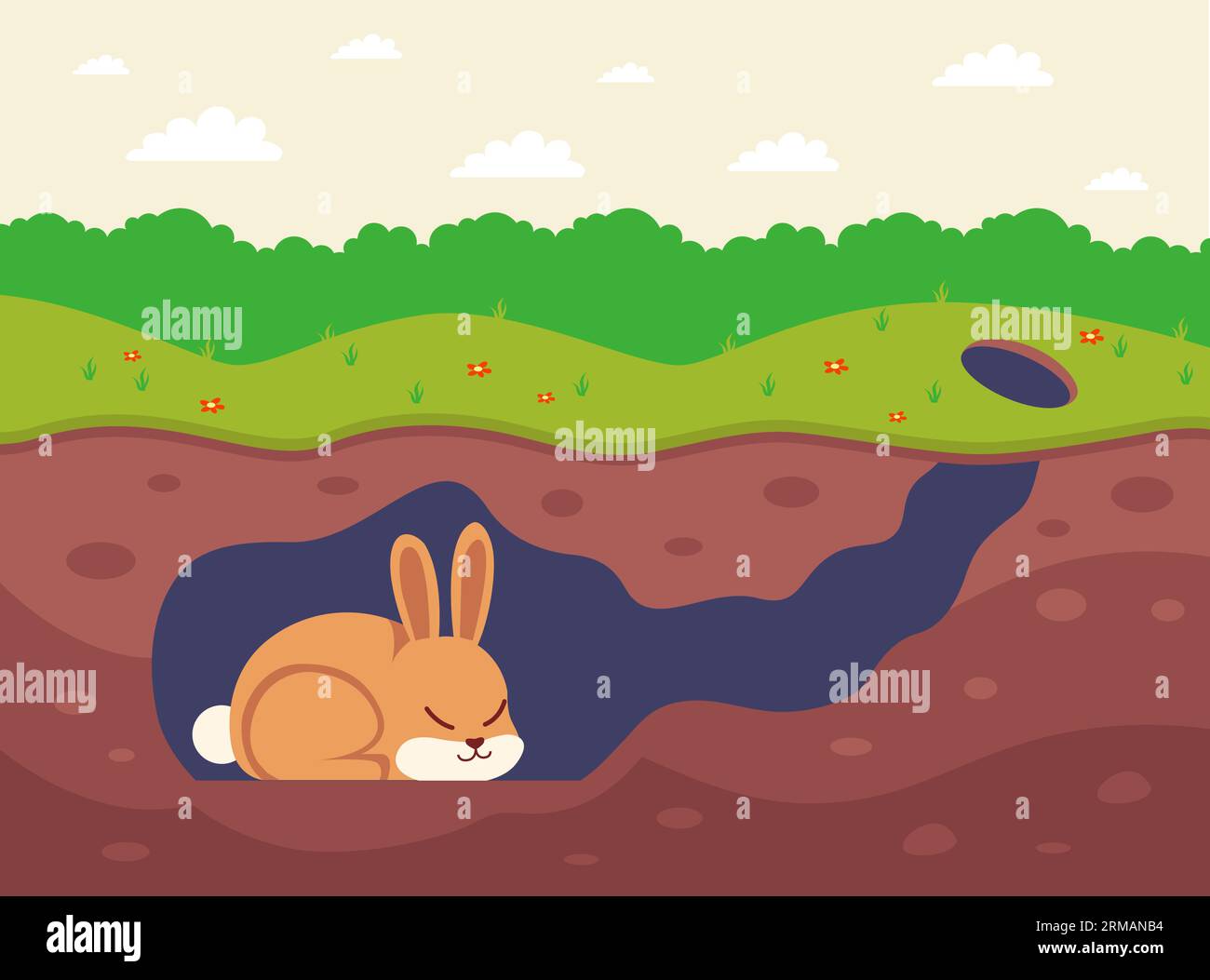Ein schlafendes Kaninchen schläft in einem Loch. Flache Vektorillustration. Stock Vektor