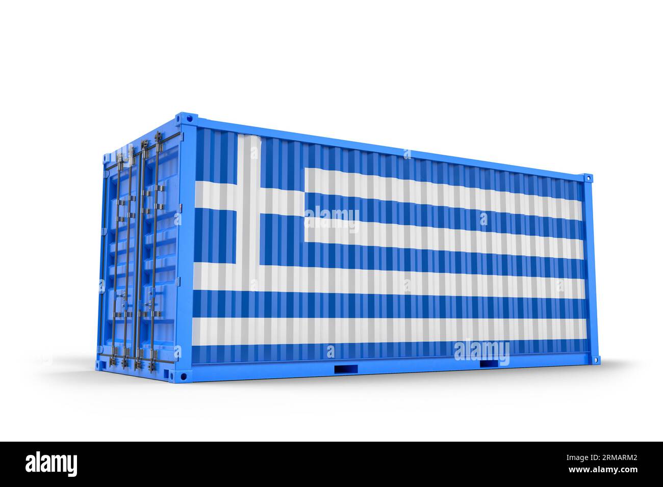 Frachtcontainer, texturiert mit Flagge Griechenlands. Isoliert. 3D-Rendering Stockfoto