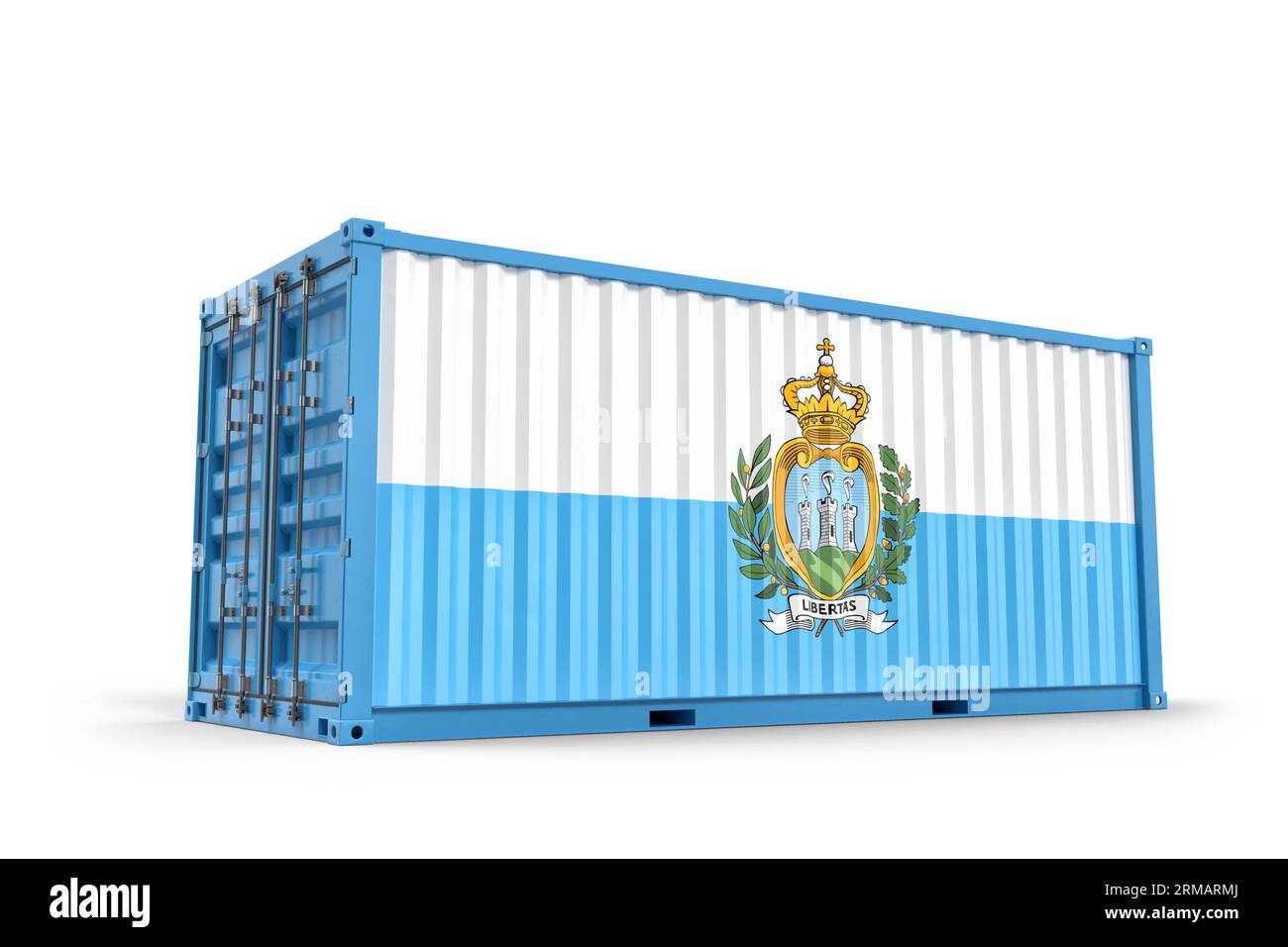 Frachtcontainer, texturiert mit Flagge von San Marino. Isoliert. 3D-Rendering Stockfoto Frachtcontainer, texturiert mit Flagge von San Marino. Isoliert. 3D-Rendering Stockfoto