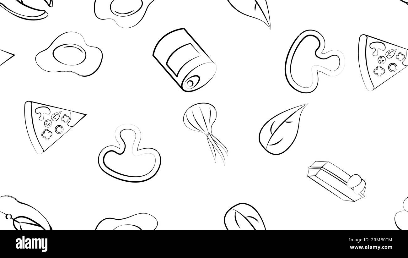 Schwarz-Weiß endlose nahtlose Muster von Speisen und Snacks Ikonen für das Restaurant Bar Cafe: Ei, Pilze, Fisch, Dosenfutter, Zwiebeln, Pizza, gr Stock Vektor