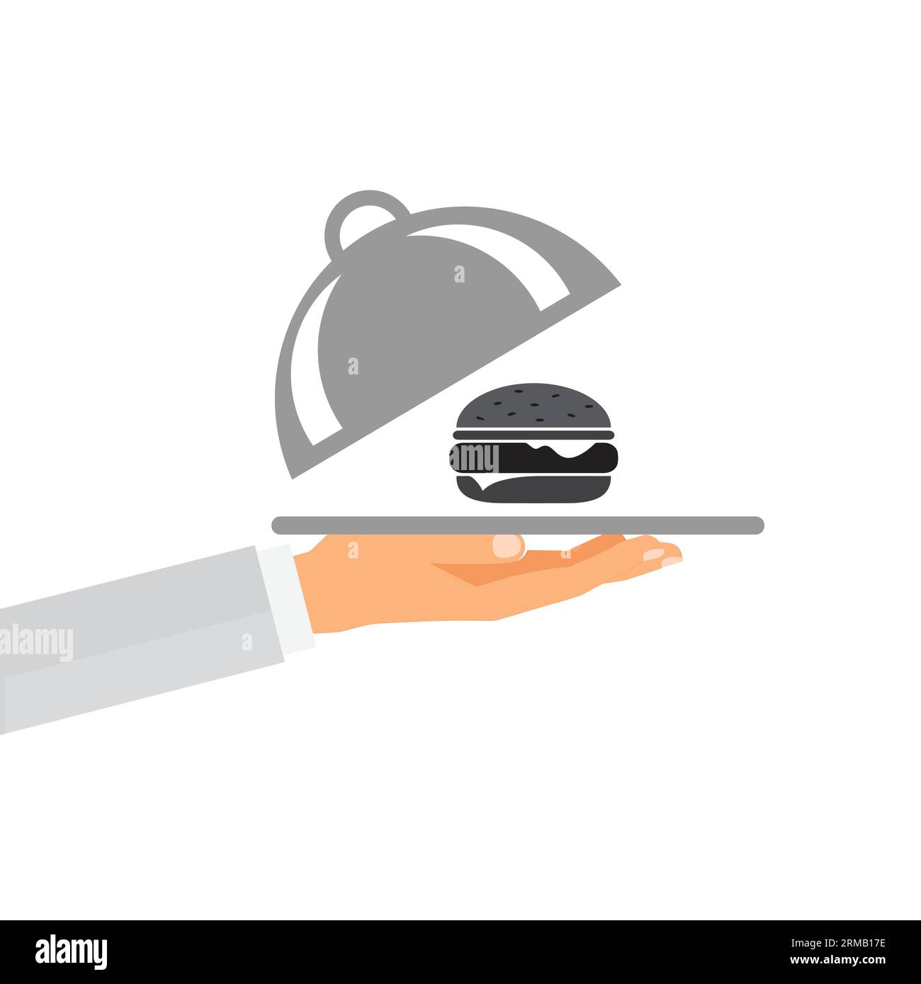 Hand einer Person, die ein Tablett mit einer Cloche und einem Hamburger hält Stock Vektor
