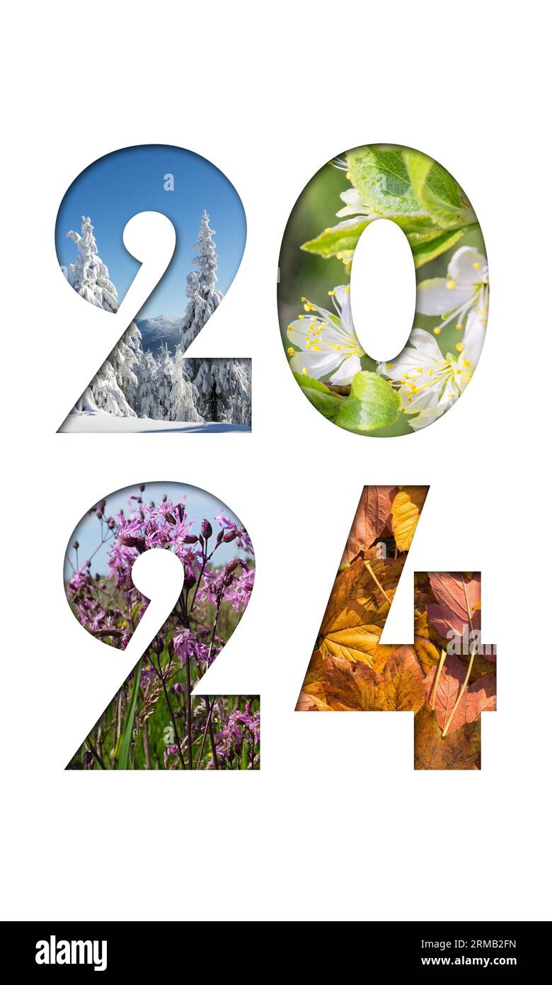 Nummer 2024 von Four Seasons Fotos für Kalender, Flyer, Poster, Postkarte, Banner Stockfoto