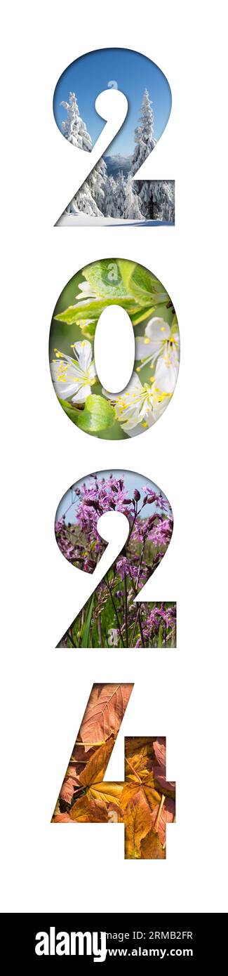 Nummer 2024 von Four Seasons Fotos für Kalender, Flyer, Poster, Postkarte, Banner. Vertikales Bild. Stockfoto