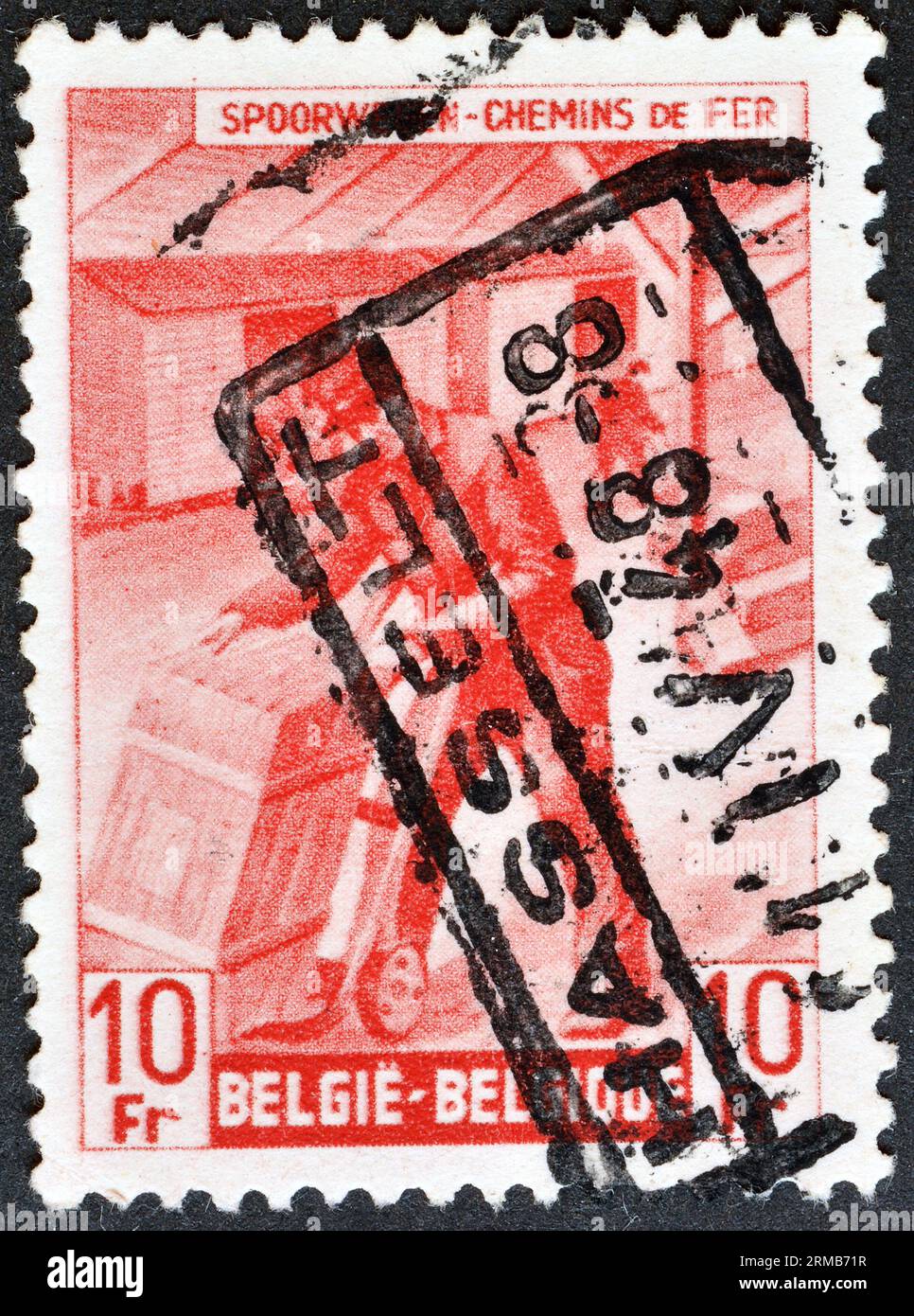 Von Belgien gedruckte Stempelmarke, die den Bahnstempel zeigt: Box-Shipper, ca. 1943. Stockfoto