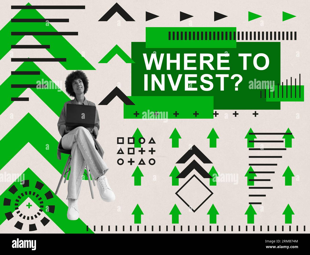 Collage mit denkender Frau und eine Frage, wo investiert werden soll. Stockfoto