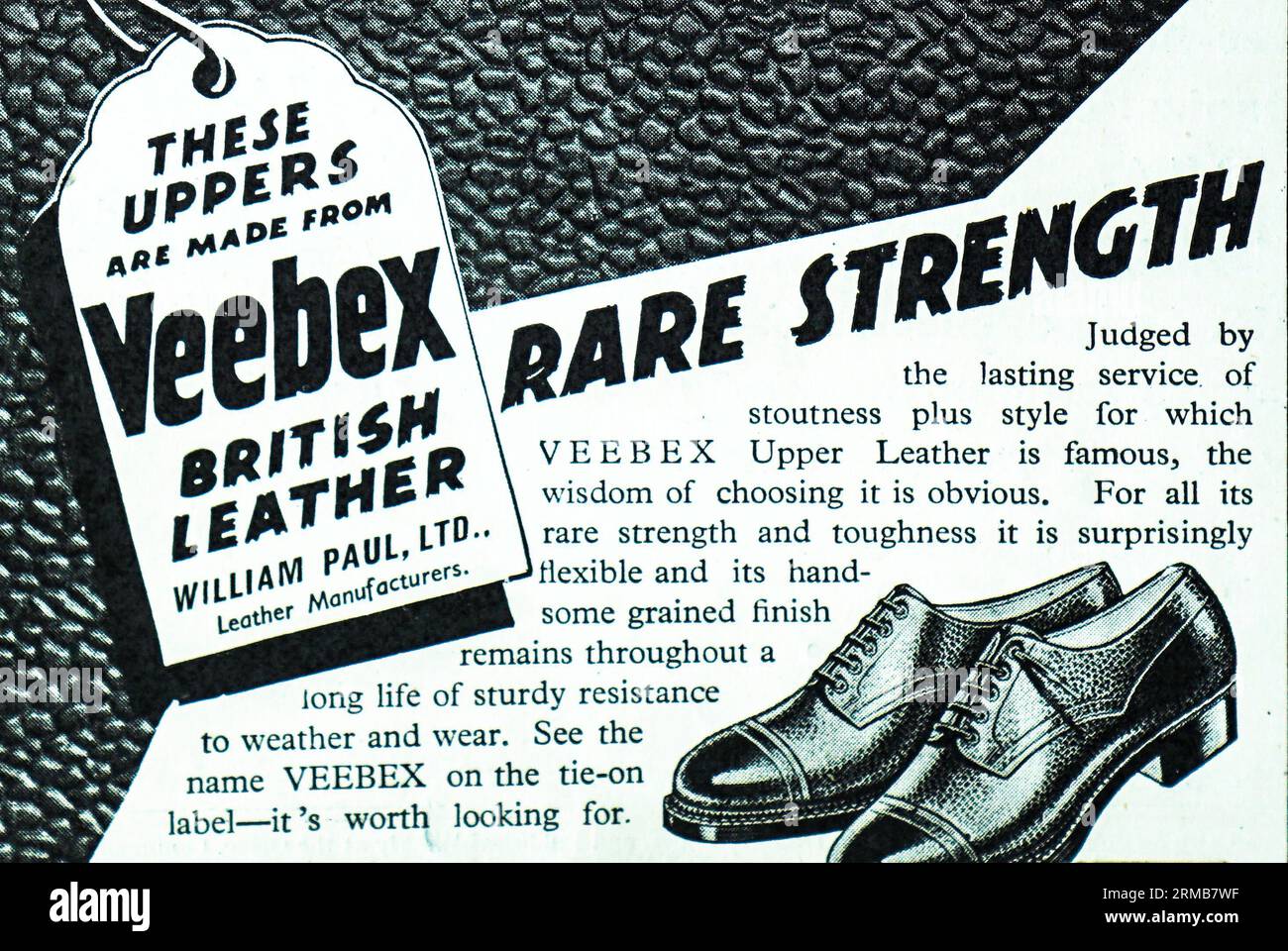 Eine Kriegsanzeige für Veebex British Leather Shoes aus dem Jahr 1942, hergestellt von William Paul Ltd. Aus Leeds. William Paul begann 1876 in Kirkstall Road, Leeds, seine Geschäftstätigkeit. Sie wurde 1968 geschlossen. Stockfoto