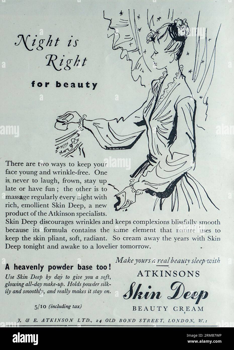 Eine Werbeanzeige aus dem Jahr 1941 für Atkinsons Skin Deep Beauty Cream. Verkauf für 5 Schilling 10 Pence. Atkinsons nennen ihre Adresse Old Bond Street, London. Atkinsons wurde von Unilever übernommen. Atkinsons blieben bis 1965 in der Bond Street, als sie zum Portman Square in London zogen. Obwohl sich der Besitz geändert hat, wird die Marke weiterhin gehandelt. Stockfoto