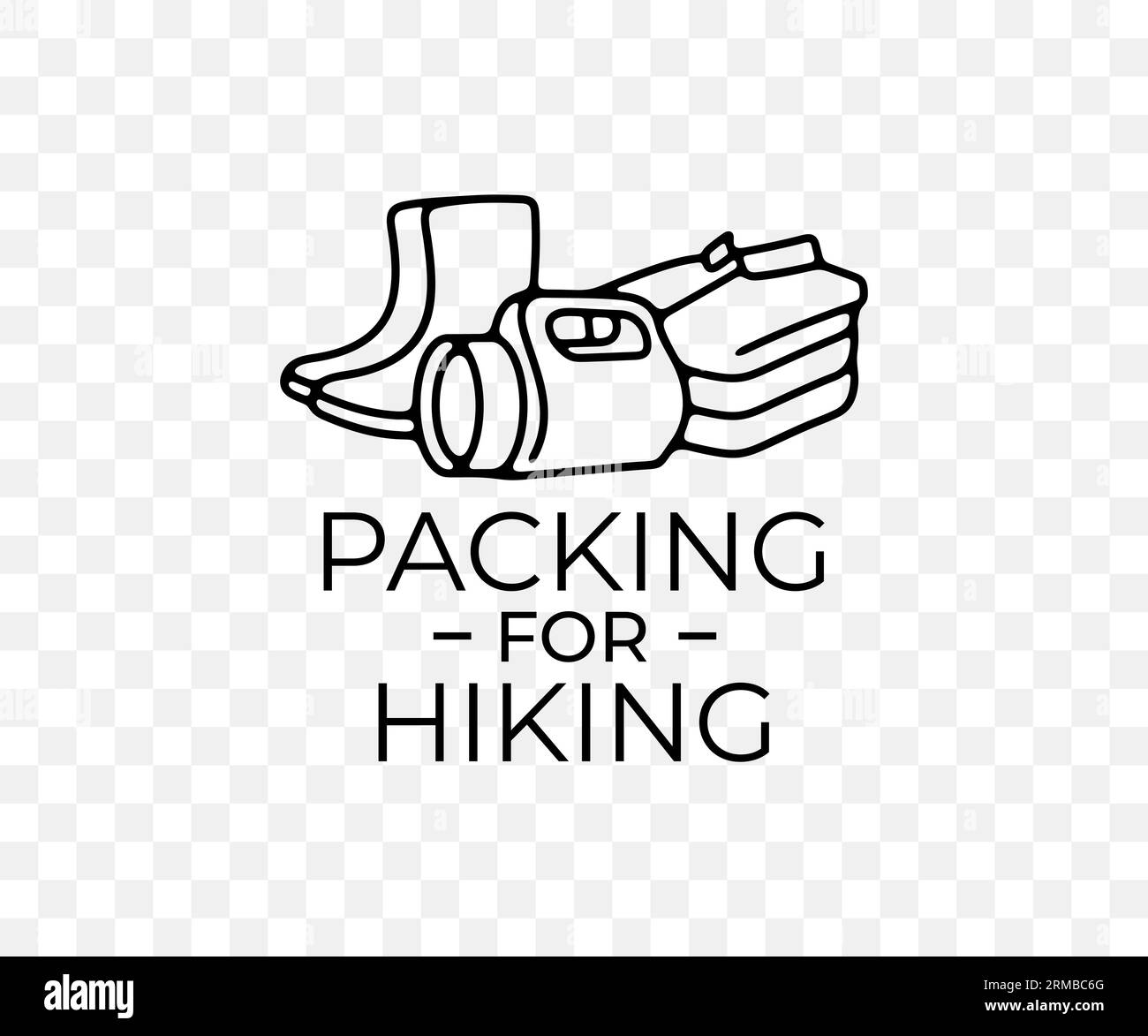 Verpackung für Wanderungen, Schuhe, Kleidung und Taschenlampe, lineares Grafikdesign. Reisen, Trekking, Camping, Reise, Abenteuer, Natur und Sport, Vektor Stock Vektor