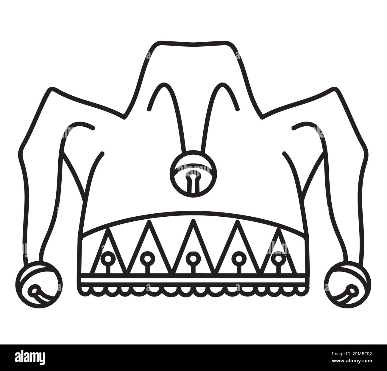 Mono-Linie Illustration eines professionellen Joker oder Narren oder mittelalterliche Hofnarrenmütze oder -Kappe mit Glocken im monolinen Stil. Stockfoto