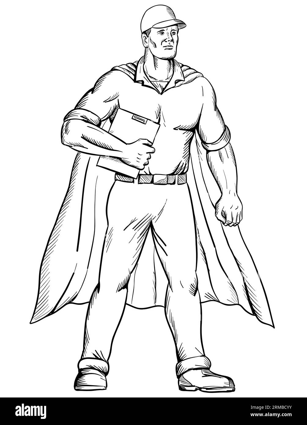 Zeichnung einer Zeichnung im Skizzenstil Illustration eines Arbeiters als Superheld, der ein cape trägt und ein Klemmbrett hält, das von vorne gesehen auf isoliertem weißem Hintergrund steht Stockfoto