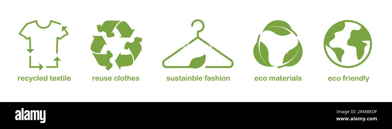 Langsame, nachhaltige Mode. Recycelte und wiederverwertete Materialien. Umweltfreundliche Stoffsymbole. Grünes Recycling-Symbol. Vektorillustration isoliert auf weiß. Stock Vektor