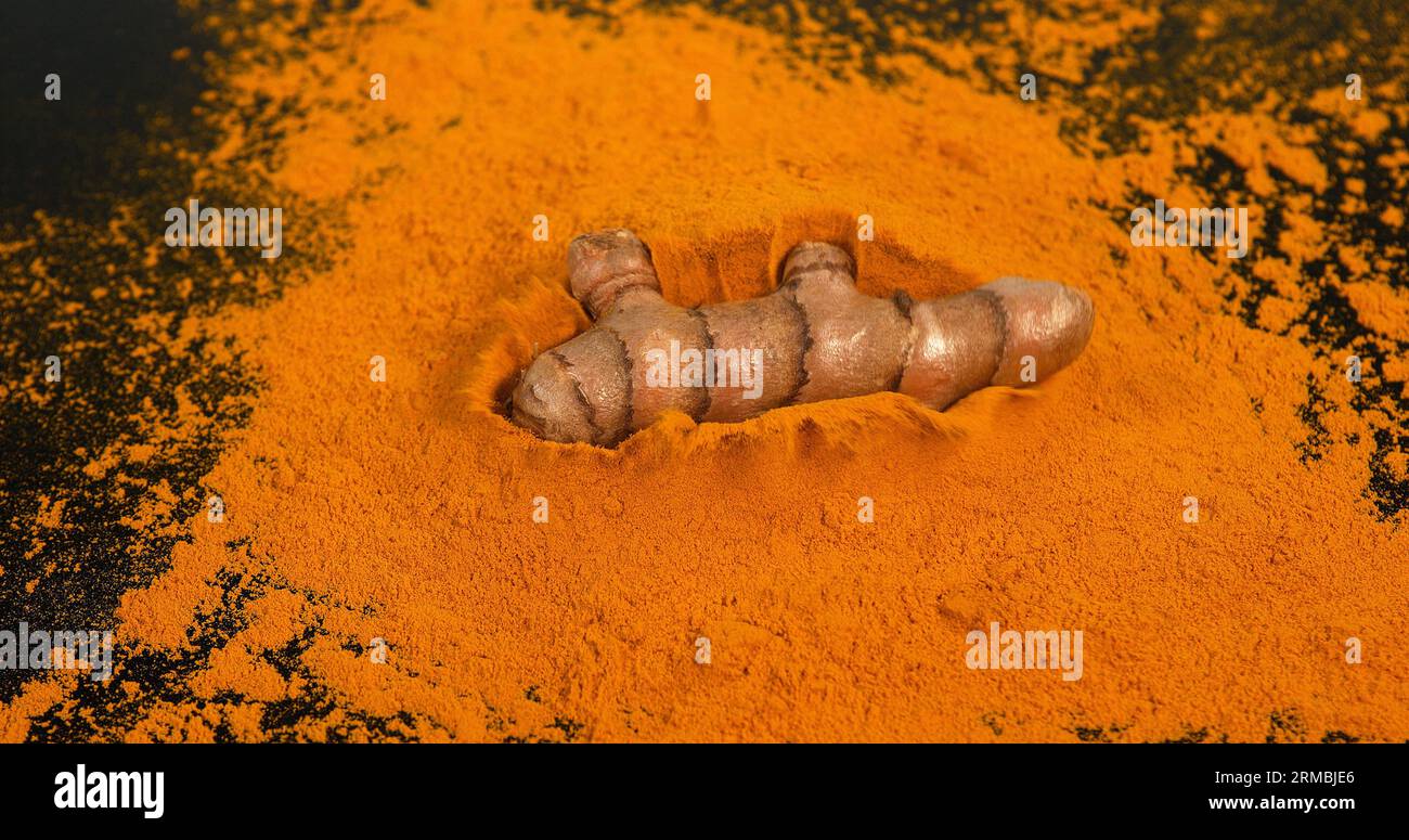 Kurkuma, Kurkuma longa, Wurzel fällt auf Kurkuma Pulver, indische Gewürze Stockfoto