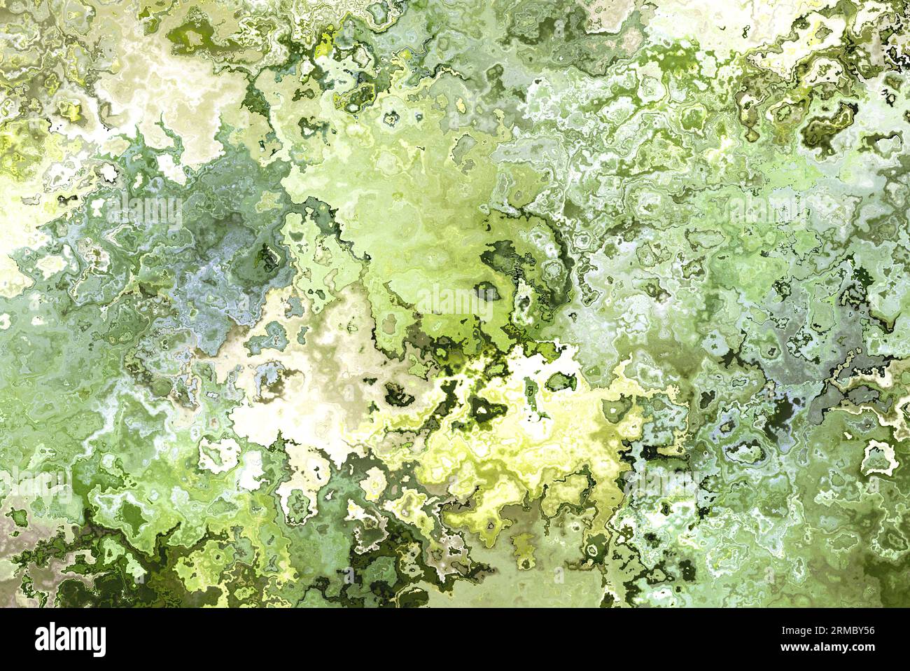 Moderner surrealistischer Hintergrund mit grünem Jade-Achat-Marmor und glattem Muster. Oberfläche wirbelt Illustration mit beleuchteter Flüssigkeit. Stockfoto