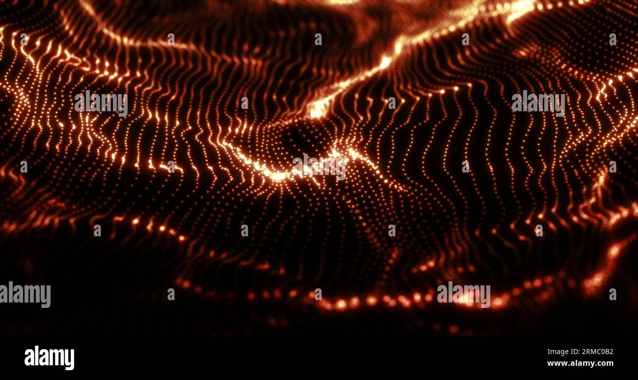 Abstrakte orange futuristische Wellen aus einem Gitter von Partikellinien leuchten hell glänzende Neon digitale magische Energie auf einem dunklen Hintergrund. Abstrakter Hintergrund Stockfoto
