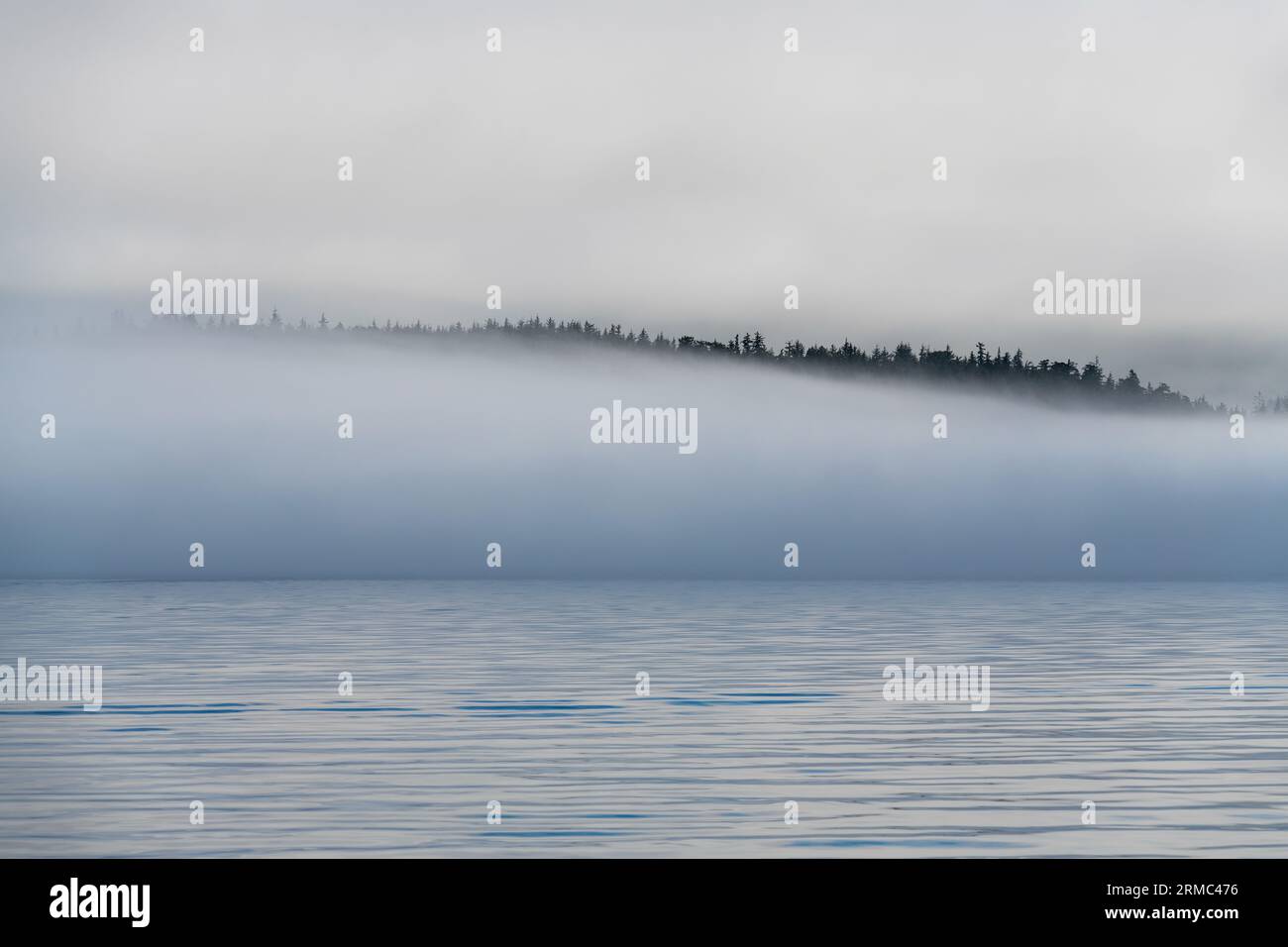 Walbeobachtungslandschaft im Morgennebel, Telegraph Cove, Vancouver Island, BC, Kanada. Stockfoto