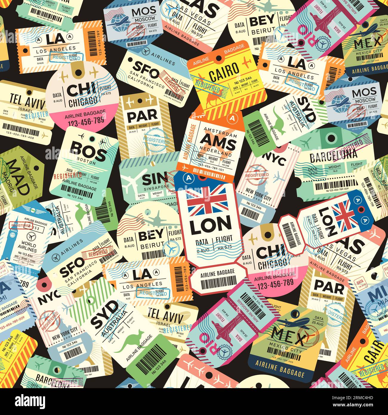 Muster für Reisetags. Nahtloser Hintergrund mit Gepäckaufklebern. Vektorvorlage Stock Vektor