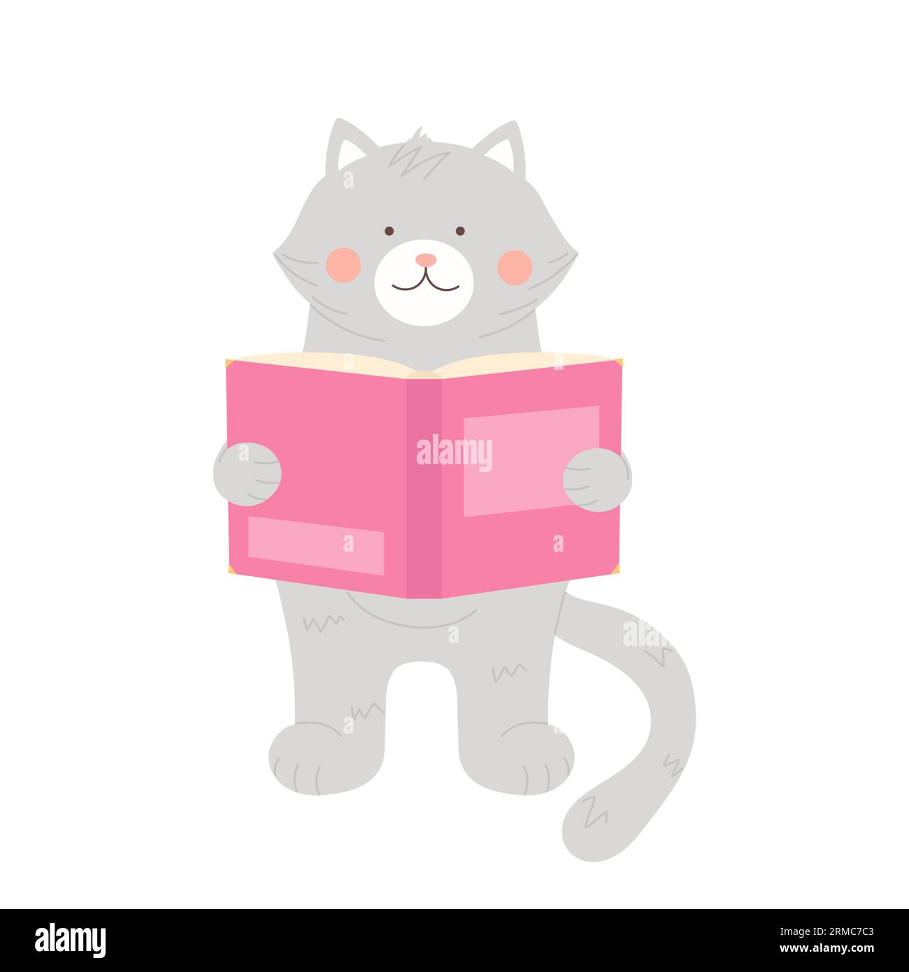 Niedliche graue Katze, die ein Märchenbuch liest. Haustier, das Wissen gewinnt, Zoo-Bibliothek Bücher Zeichentrickvektor-Illustration Stock Vektor