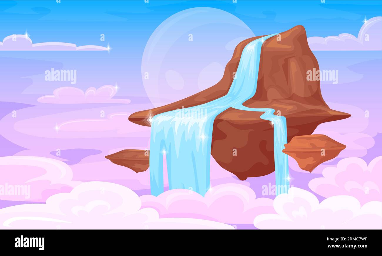 Wasserfall am Himmel. Fliegende Felseninsel über Wolken Sonnenschein Himmel, Fantasiesteine mit Bergwasserfällen, Karikaturlandschaft Spiel Level Hintergrund, saubere Vektorillustration der Himmelsfelsenlandschaft Stock Vektor