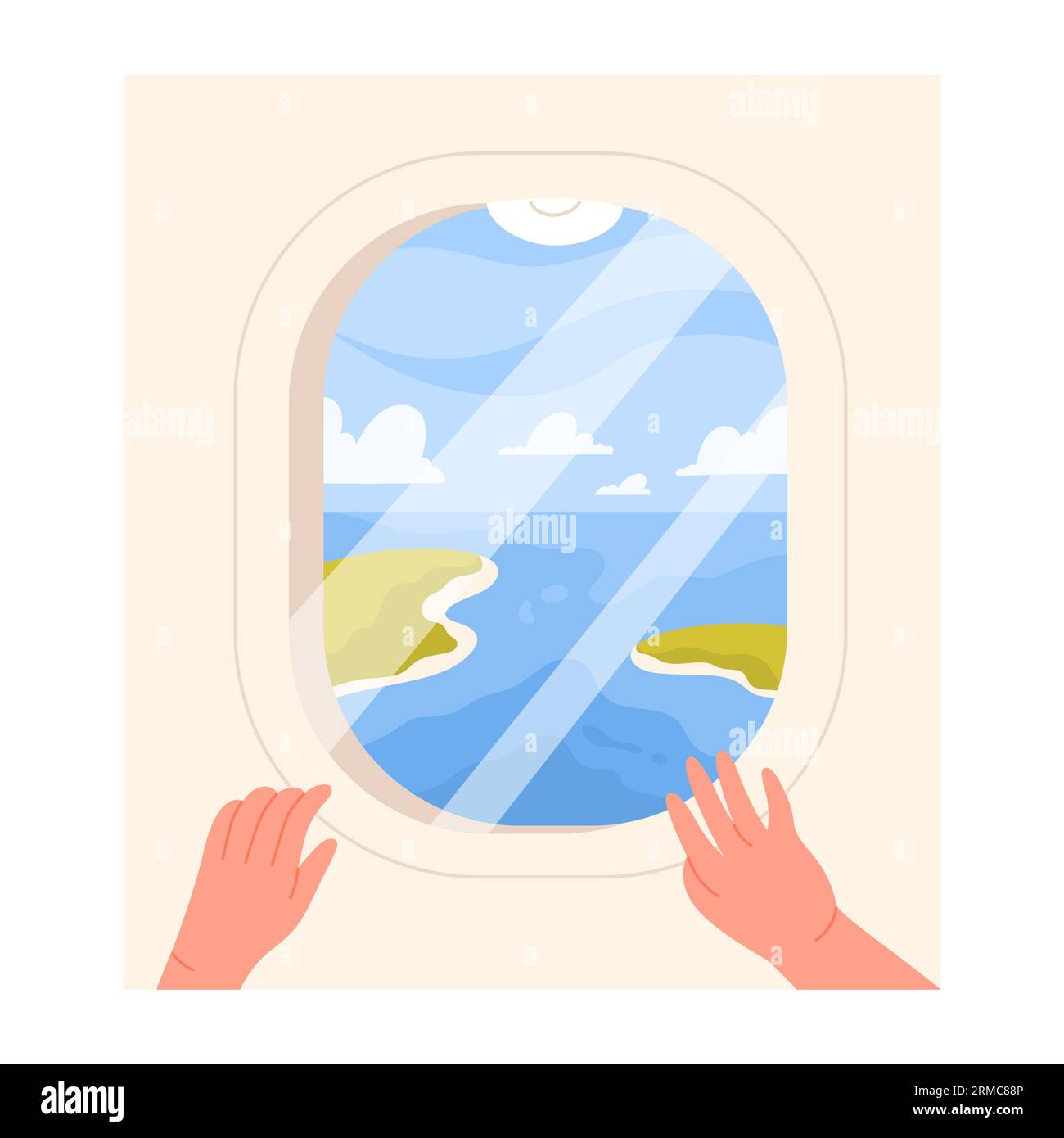 Offenes Flugzeugfenster mit Meerblick. Beifahrer sitzt in der Nähe des Fensters, Reisende Menschen Karikatur Vektor Illustration Stock Vektor