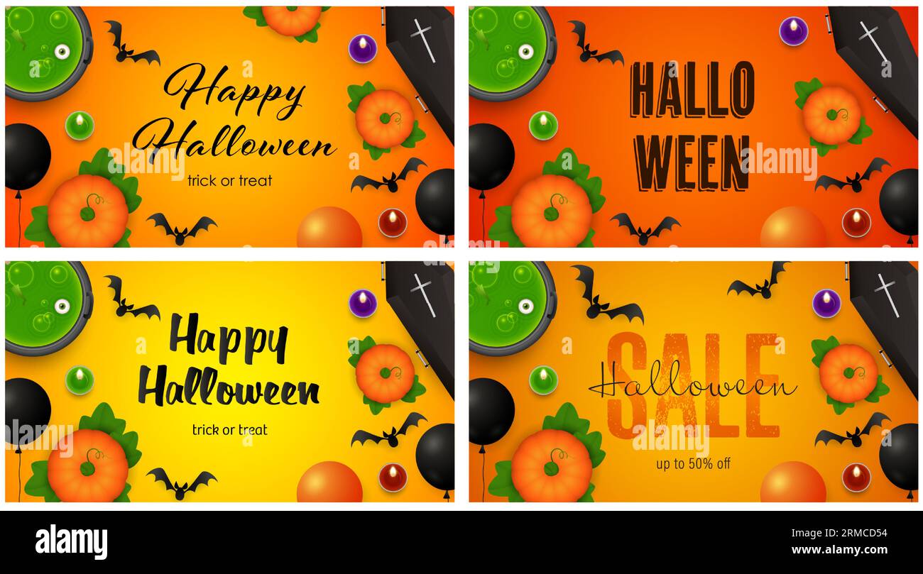 Happy Halloween – oranges Bannerset mit Särgen und Kürbissen Stock Vektor