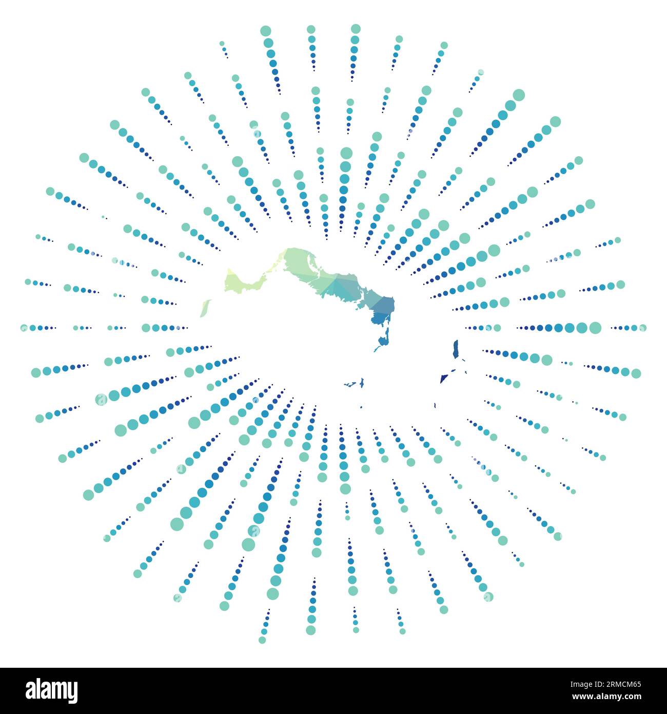 Form der Turks- und Caicosinseln, polygonaler Sonnenaufgang. Karte der Insel mit bunten Sternrochen. Turks- und Caicosinseln-Illustration in digitaler Form, te Stock Vektor