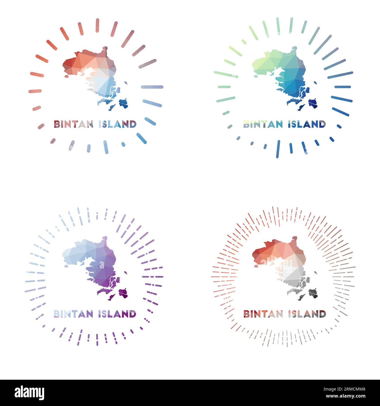 Bintan Island Low Poly Sunburst Set. Logo der Insel im geometrischen polygonalen Stil. Vektorillustration. Stock Vektor