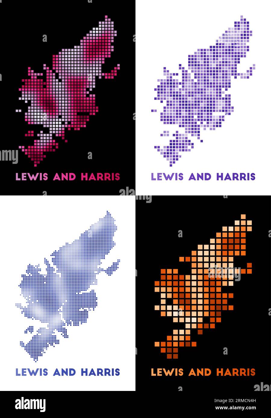 Lewis und Harris Karte. Sammlung von Karten von Lewis und Harris im gepunkteten Stil. Die Grenzen der Insel sind mit Rechtecken gefüllt. Stock Vektor