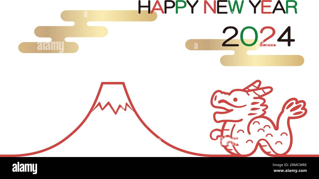 2024, Year of the Dragon, Neujahrsgrußkarte mit Drachenmaskottchen und Mt. Fuji. Vektorillustration. Stock Vektor