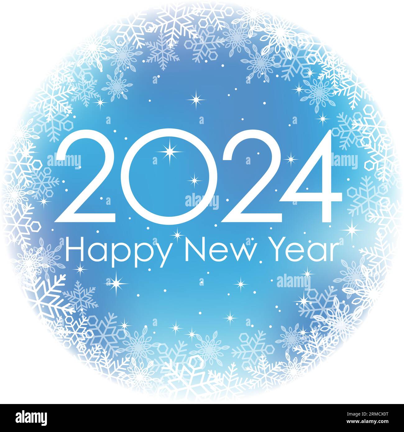 Das Jahr 2024 das blaue runde Grußsymbol mit Schneeflocken. Vektorillustration isoliert auf weißem Hintergrund. Stock Vektor