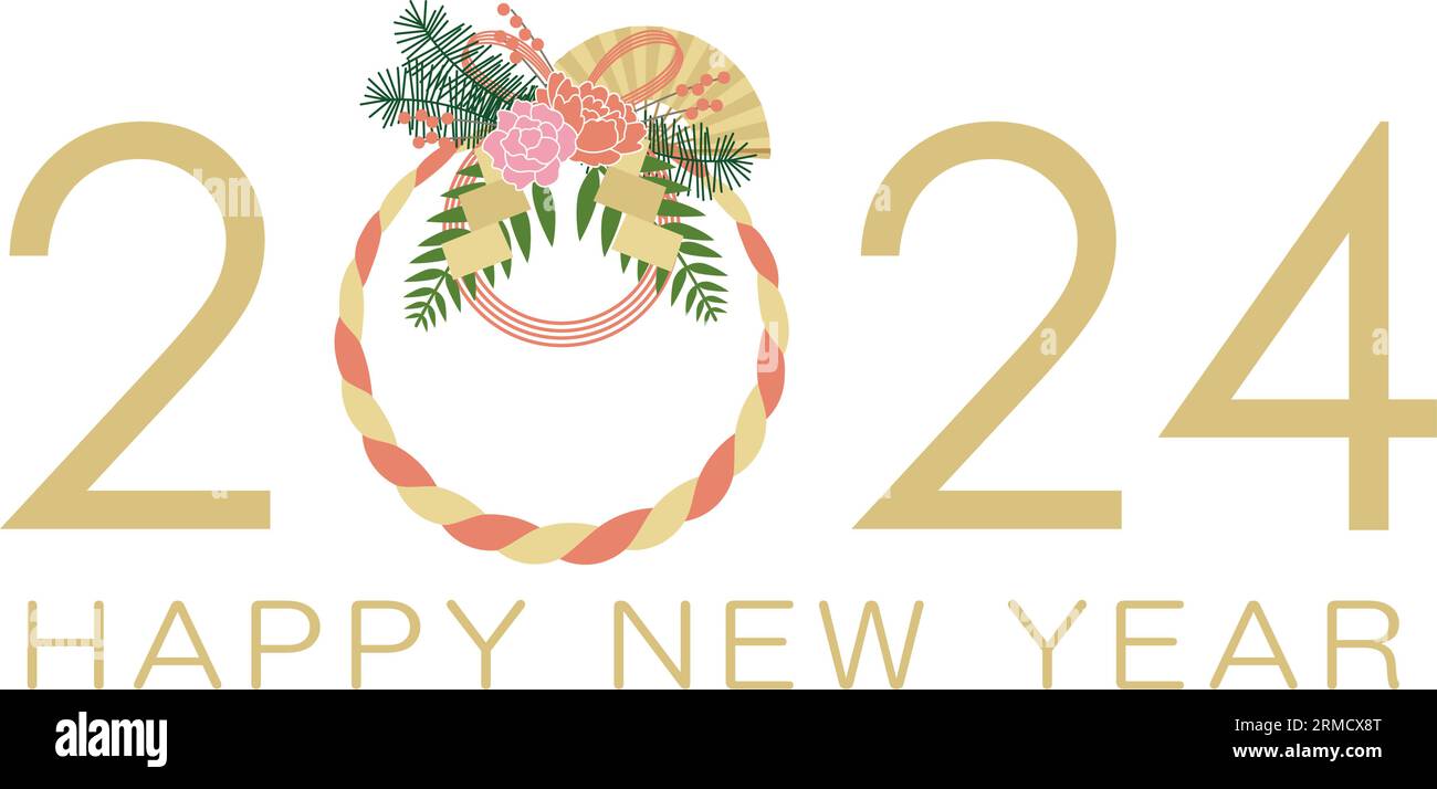 Das Jahr 2024 Vektor-Neujahrsgruß-Symbol mit Einem japanischen Heiligen Seil Talisman isoliert auf Einem weißen Hintergrund. Stock Vektor