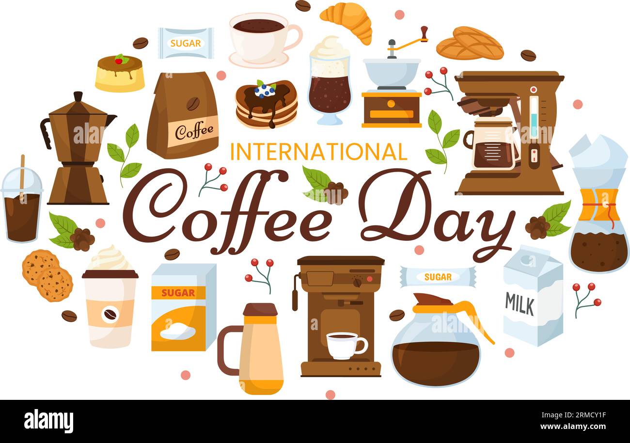 Internationaler Kaffeetag Vektor Illustration am 1. Oktober mit duftendem Getränk und braunem Hintergrund in Flat Cartoon Hand Drawn Templates Stock Vektor