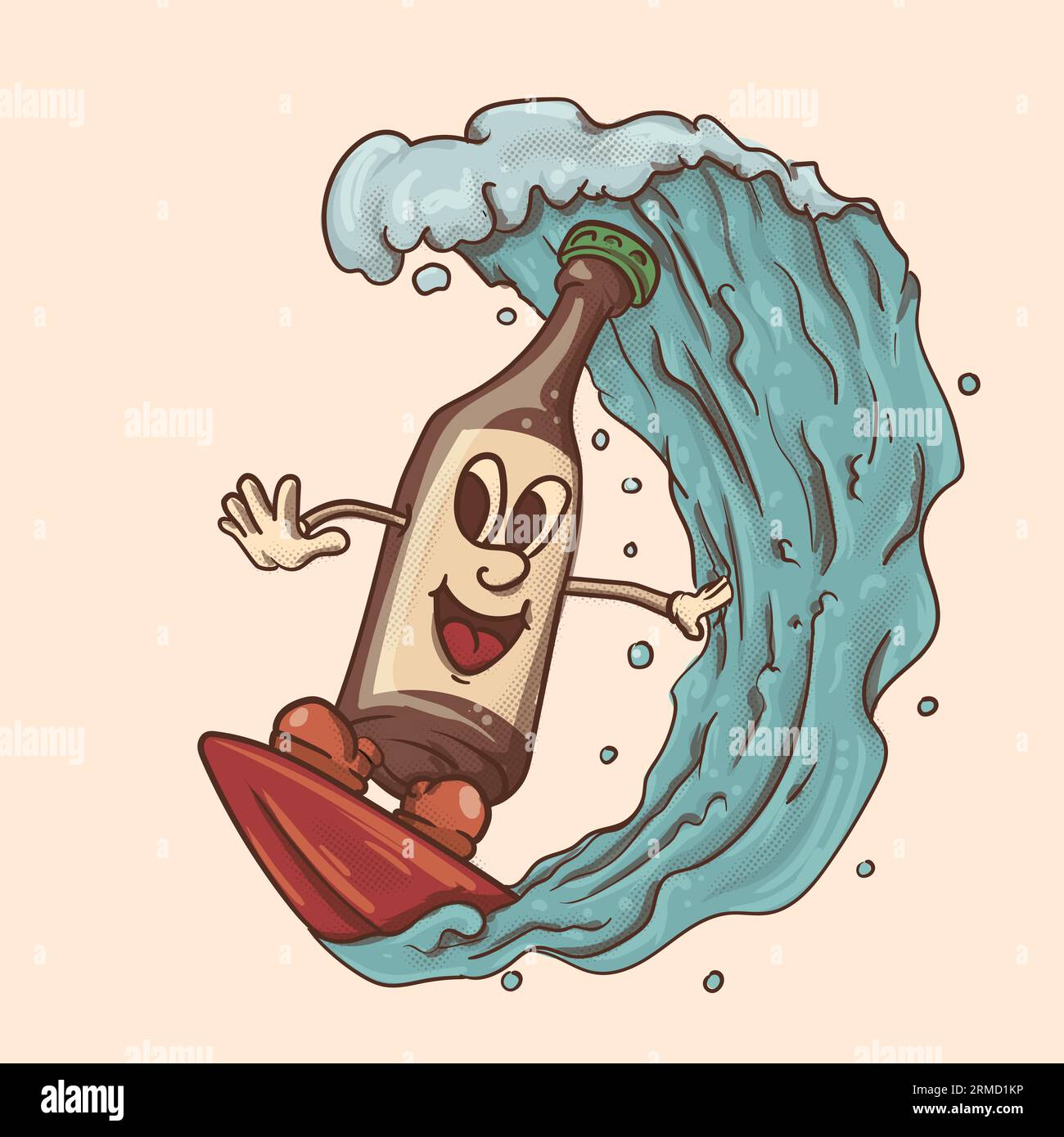 Vintage Funky Bier Maskottchen in den tropischen Meereswellen. ale mit Gesicht im Retro-Stil. Stock Vektor