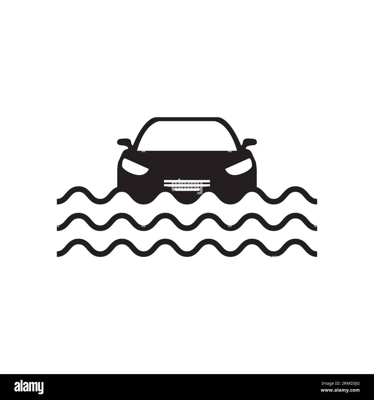 Symbol „Hochwasser“. Überflutetes Auto. Autoversicherung. Naturkatastrophen. Vektorsymbol isoliert auf weißem Hintergrund. Stock Vektor