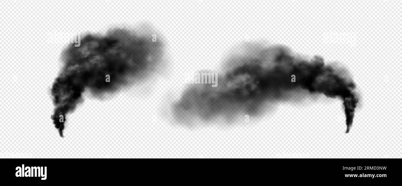 Schwarze Rauchwolke realistische Vektorillustration. Dunkler Dunstpfeiler durch Explosion oder Brand oder Aktion magischer Kraft. Dichter Smog oder Nebel mit Überlagerungseffekt auf transparentem Hintergrund. Stock Vektor