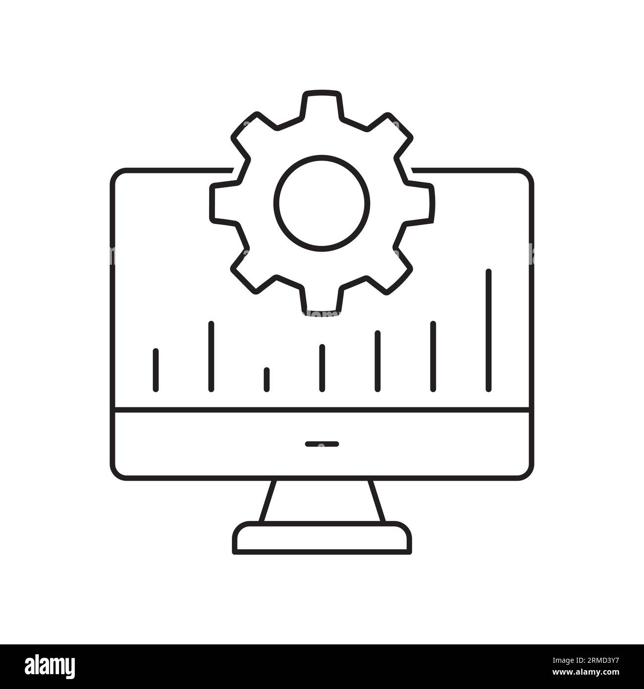 Zeilensymbol für Einstellungen der Online-Einstellungen. Computer mit Zahnrad- und Statistikkarten-Vektor-Umrissschild. Stock Vektor