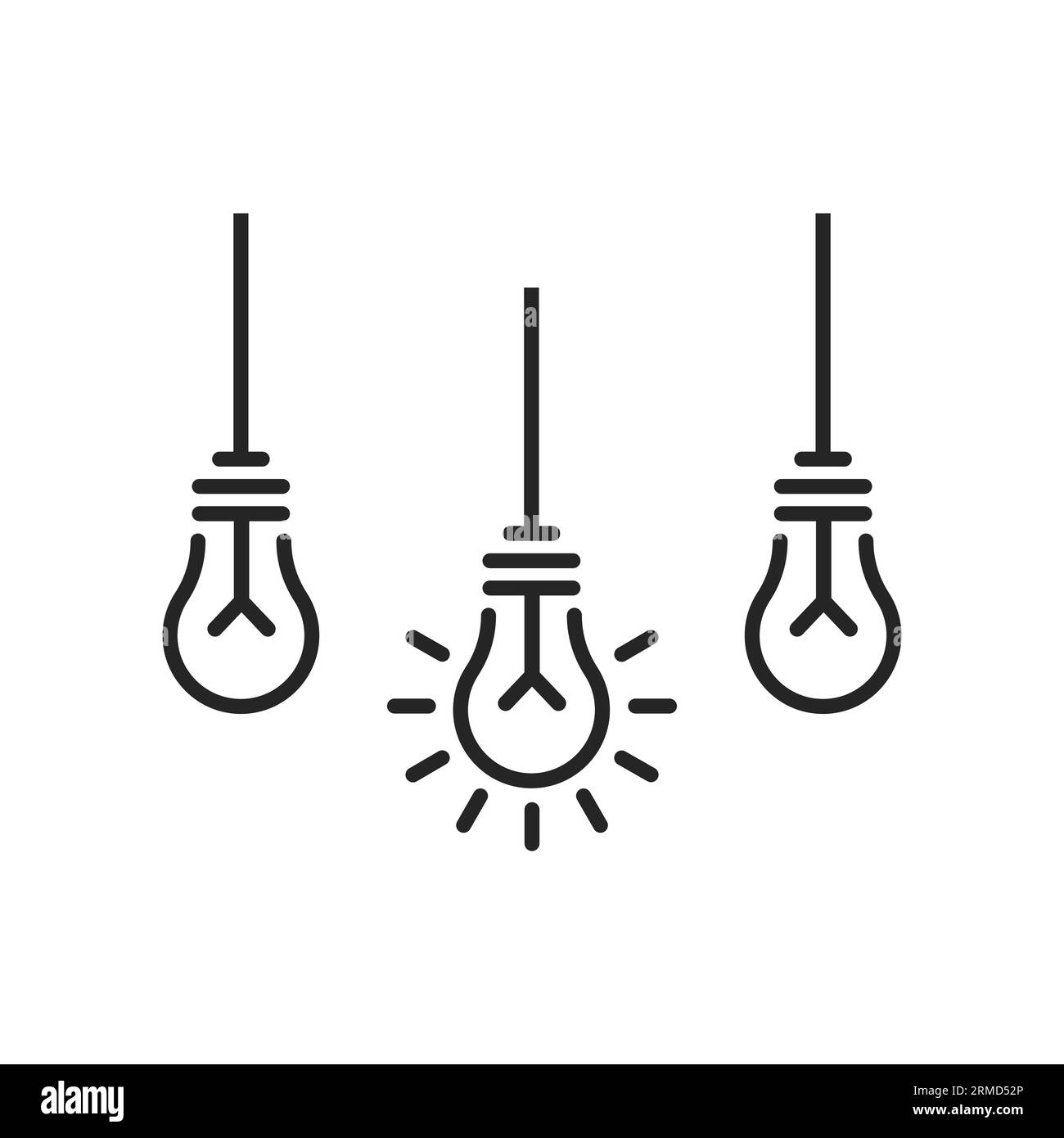 Drei dünne Glühlampen wie eine einfache Entscheidung. Flaches, minimales, lineares, einfaches Trend-Logo-Designelement isoliert auf weiß. Begriff der Abstraktion oder Vereinfachung Stock Vektor