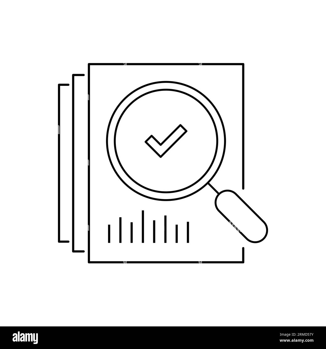 Prüfen Sie das Symbol wie eine dünne Lupe auf Papier. Konzept der Marktdatenstatistik, Forschung oder Wirtschaftsprognose. Flacher Hub, Suchbegriff, grafische Linearität des Logotyps Stock Vektor