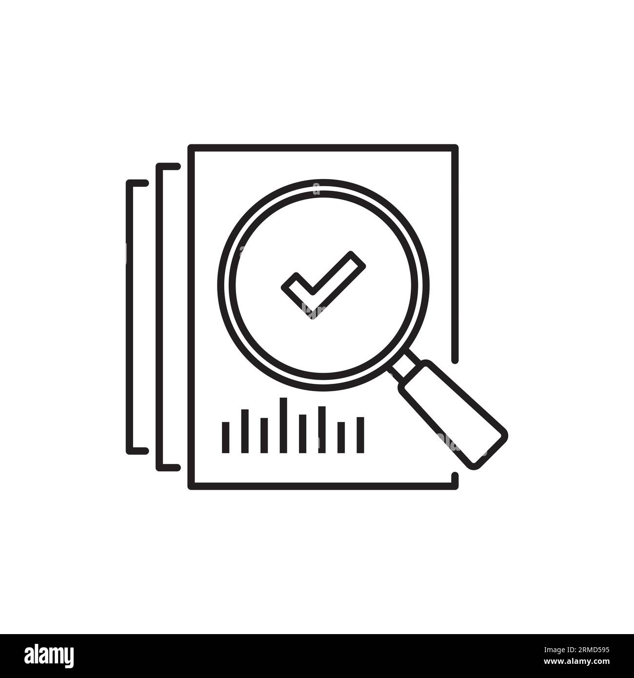 Prüfen Sie das Symbol wie eine dünne Lupe auf Papier. Konzept der Marktdatenstatistik, Forschung oder Wirtschaftsprognose. Flacher Hub, Suchbegriff, grafische Linearität des Logotyps Stock Vektor