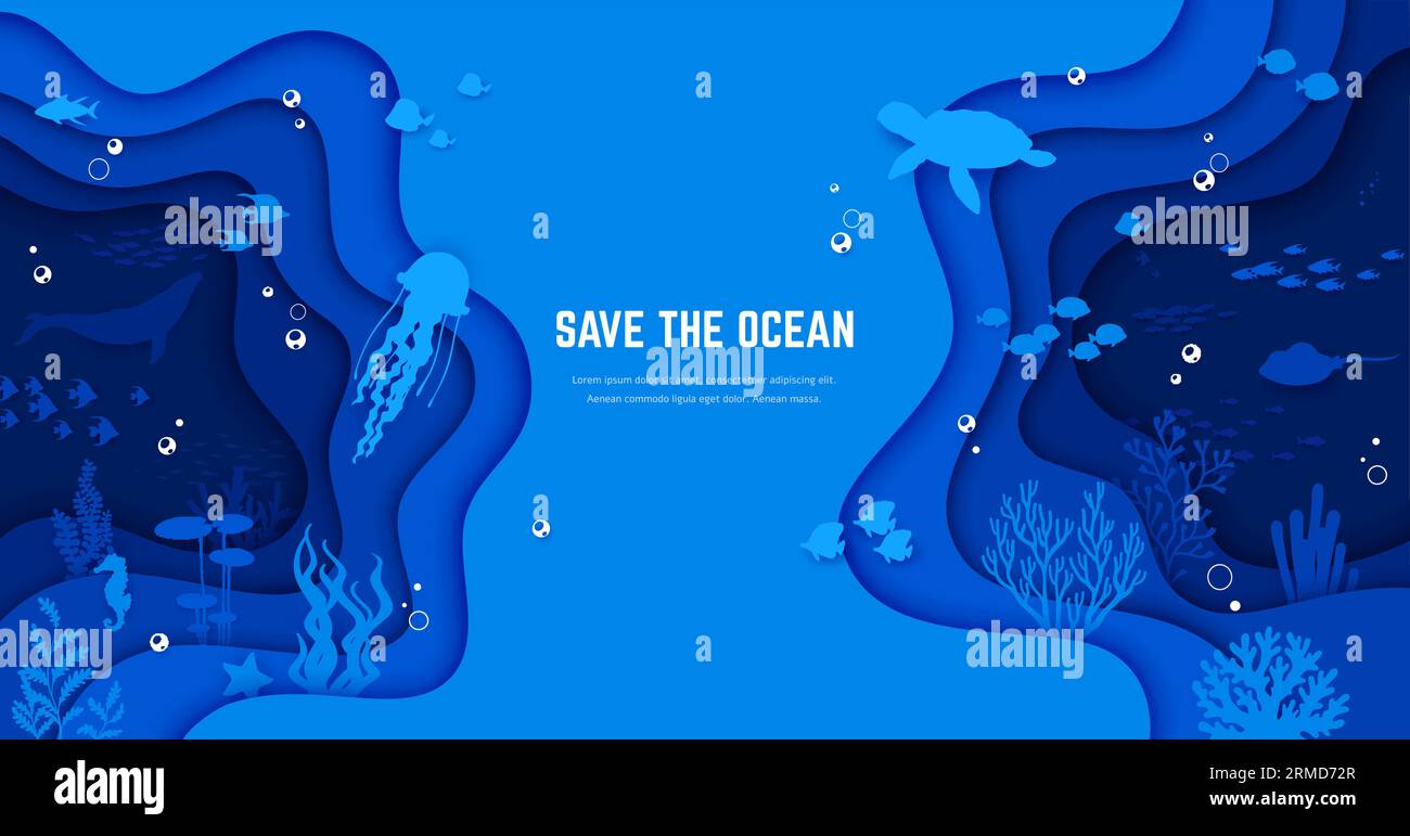Tropische Meerespapierlandschaft mit Unterwasser-Tiersilhouetten. Save the Ocean Botschaft, die durch die wunderschöne Papercut-Kunst vermittelt wird, schafft Ehrgeiz Stock Vektor